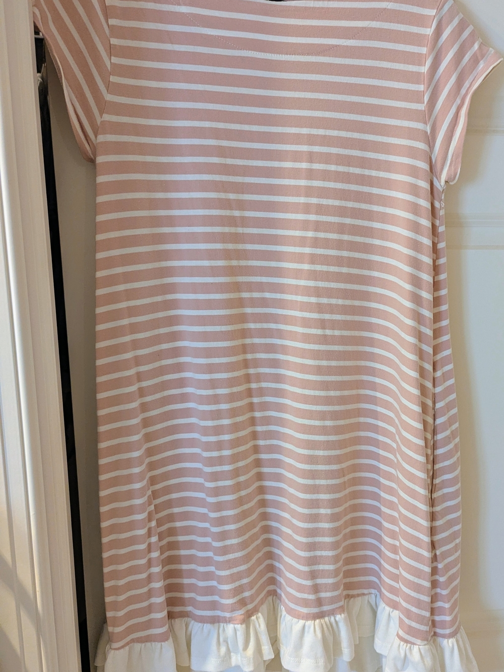 Suzanne Betro Pink and White Striped Ruffle-Hem Casual Dress
